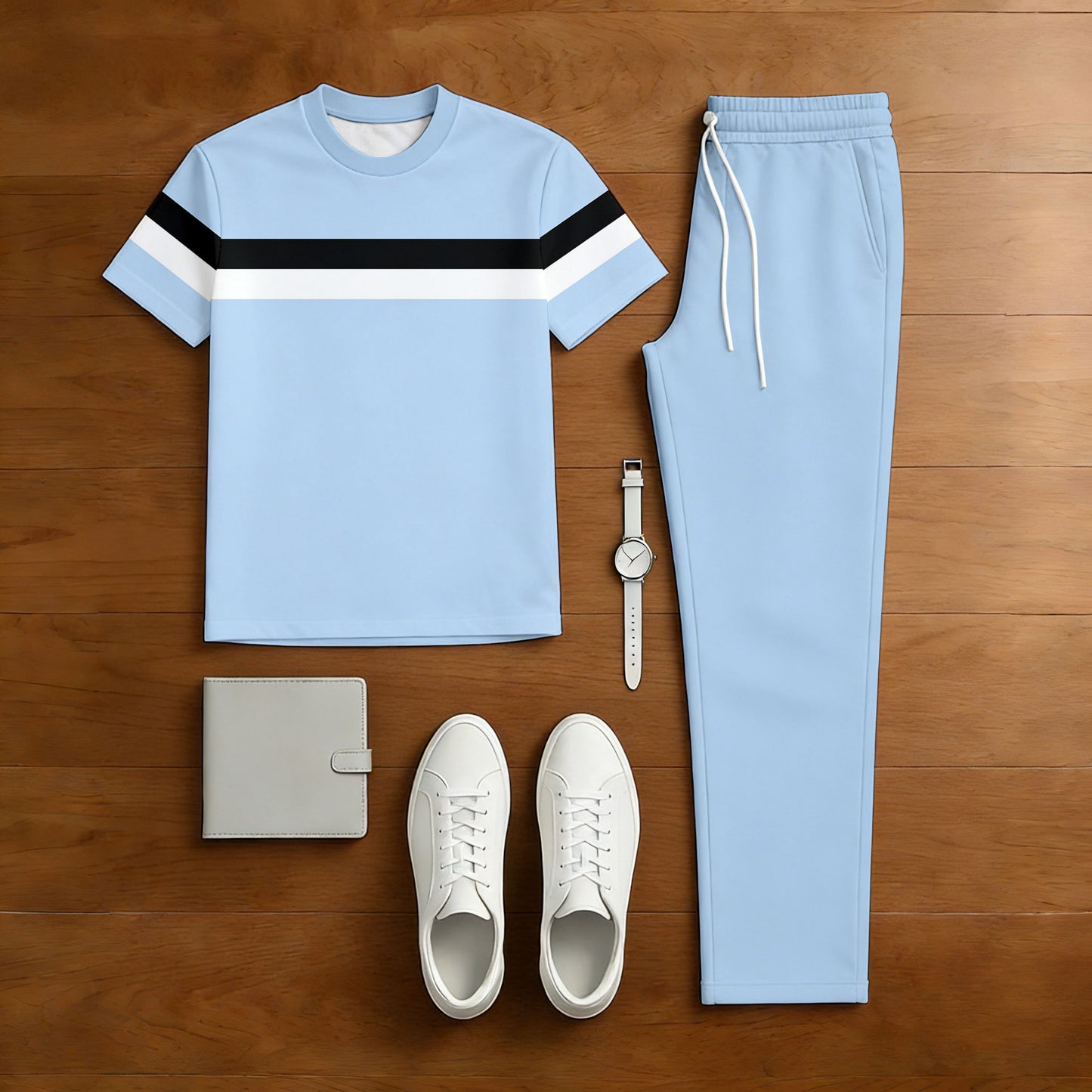 Men's Casual Blue Color Matching Printed Short Sleeved T-Shirt & Trousers Two-Piece Set