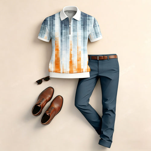 Men's Casual Gradient-Print Short-Sleeve Polo Shirt And Pants Set