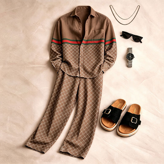 Men's Brown Long-Sleeve Shirt and Pants Set