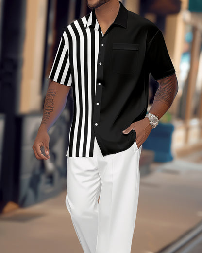 Men's Retro Colorblock Short Sleeve Shirt Walking Suit 1124