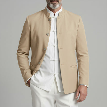 Men's Mandarin Collar Welt Pockets Single Breasted Solid Color Jacket