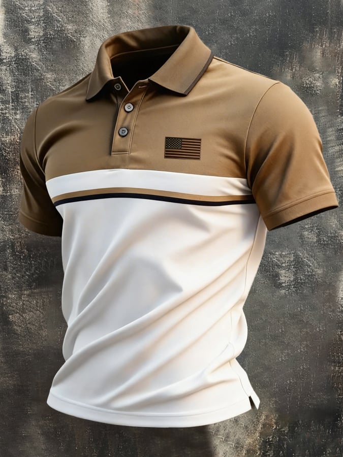 Men's Retro Patriotic Color-Block Short-Sleeve Polo Shirt