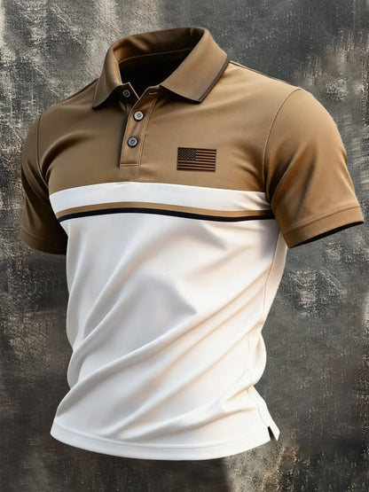 Men's Retro Patriotic Color-Block Short-Sleeve Polo Shirt