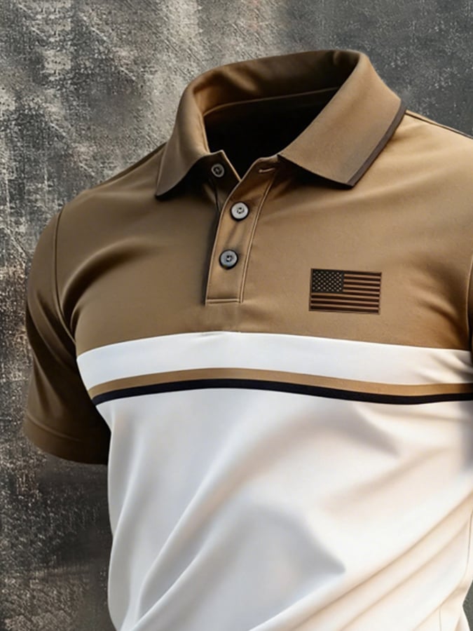 Men's Retro Patriotic Color-Block Short-Sleeve Polo Shirt