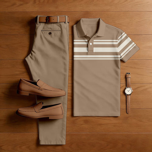 Men's Casual Khaki Color Matching Striped Printed Short Sleeved Polo Shirt & Trousers Two-Piece Set