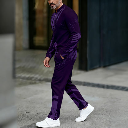Men's Casual Color Matching Printed Round-Neck Zipper Long Sleeved Trousers Two-Piece Set