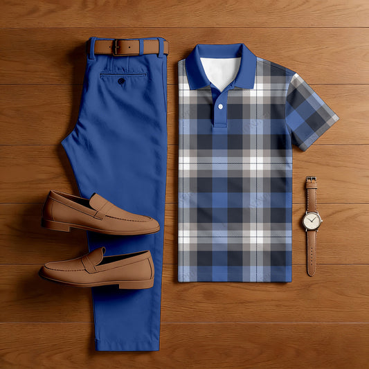 Men's Casual Deep Blue & Black Color Matching Checkered Printed Short Sleeved Polo Shirt & Trousers Two-Piece Set