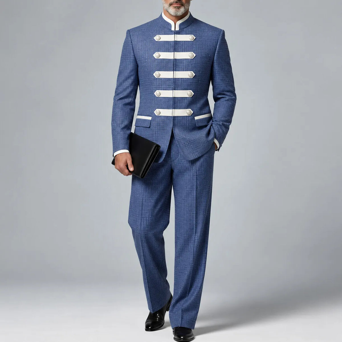 Men's Blue Classic Plaid Print Mandarin Collar Blazer & Pants Formal 2Pcs Suit