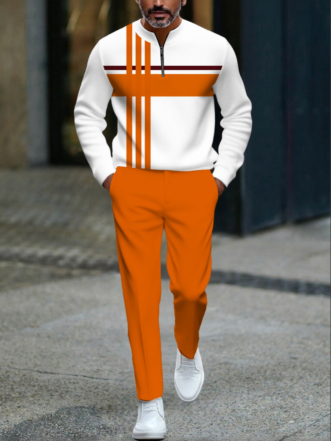 Men's Casual Orange & White Color Matching Geometric Printed Round-Neck Zipper Long Sleeved Tops & Trousers Two-Piece Set