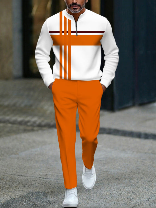 Men's Casual Orange & White Color Matching Geometric Printed Round-Neck Zipper Long Sleeved Tops & Trousers Two-Piece Set