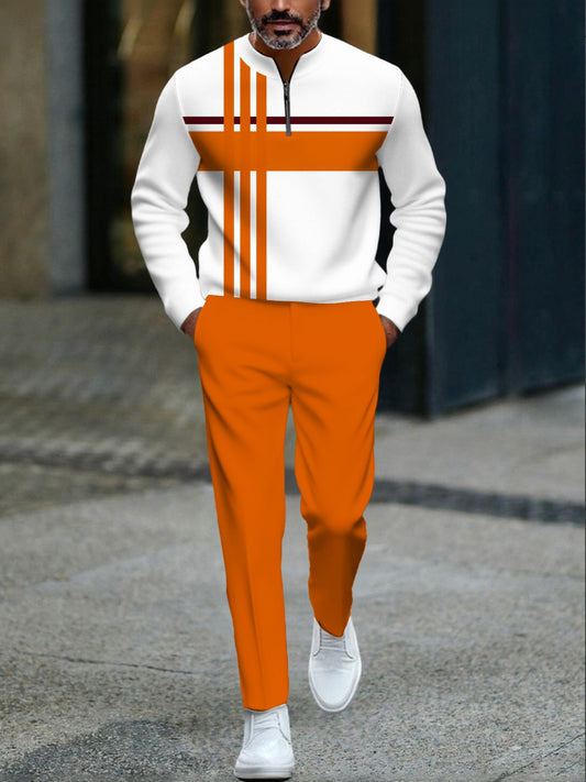 Men's Casual Orange & White Color Matching Geometric Printed Round-Neck Zipper Long Sleeved Tops & Trousers Two-Piece Set