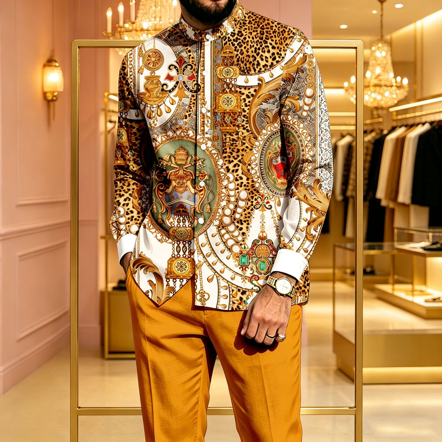 Men's Casual Two-Piece Set: Long-Sleeve Shirt with Stand-Up Collar and Mixed Prints, and Pants