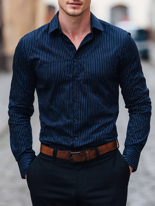 Men's Casual Business Striped Long-Sleeved Shirt
