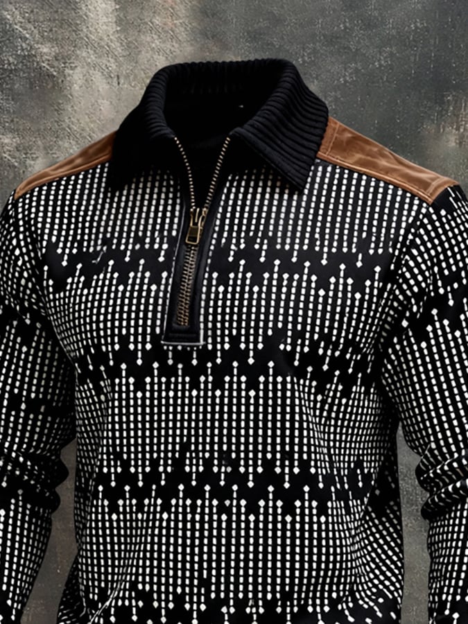 Men's Retro Color Block Print Color-Blocked Zip-Up Sweatshirt