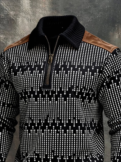 Men's Retro Color Block Print Color-Blocked Zip-Up Sweatshirt