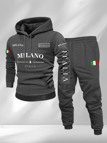 Men's Casual Color Matching Printed Hoodies Long Sleeved Sweatshirts & Sweatpants Two-Piece Set