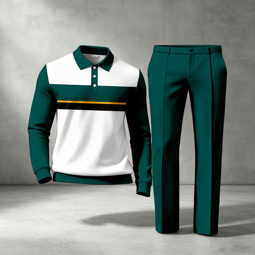 Men's Green Striped Long-Sleeve Polo Shirt and Pants Two-Piece Set