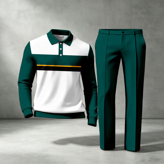 Men's Green Striped Long-Sleeve Polo Shirt and Pants Two-Piece Set
