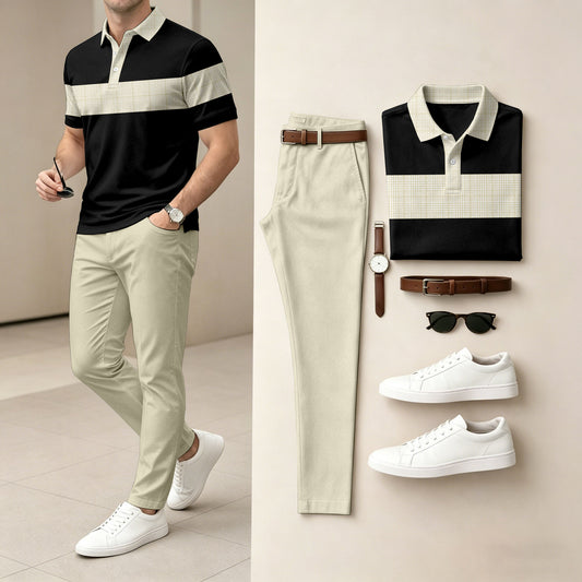 Men's Two-Piece Set: Color-Blocked Short-Sleeve Polo Shirt and Pants