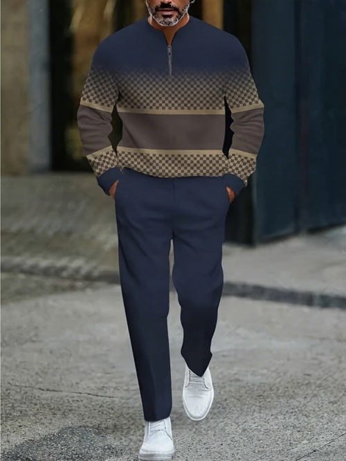 Men's Casual Color Matching Printed Round-Neck Zipper Long Sleeved Trousers Two-Piece Set