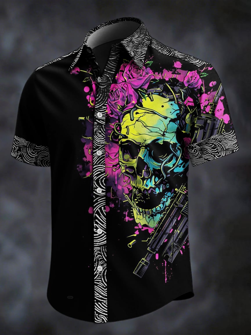 Men's Retro Skull Print Lapel Short Sleeve Shirt