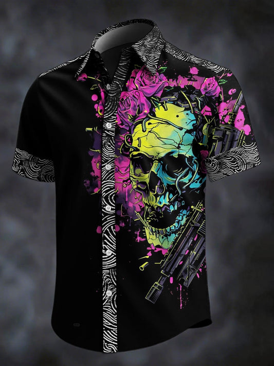Men's Retro Skull Print Lapel Short Sleeve Shirt
