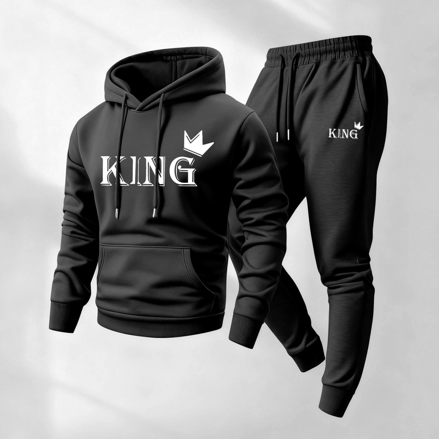 Men's King Pattern Print Hoodie and Drawstring Sweatpants Set, Menswear, Casual Athletic Long Sleeve Hooded Jacket & Trousers for Fall & Winter, Men's Clothing for Daily Wear, Sportswear Indoor Outdoor, Tracksuit, Athleisure