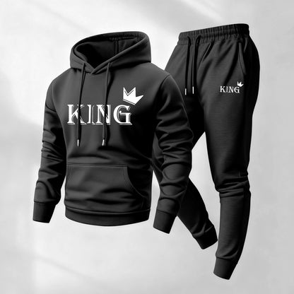 Men's King Pattern Print Hoodie and Drawstring Sweatpants Set, Menswear, Casual Athletic Long Sleeve Hooded Jacket & Trousers for Fall & Winter, Men's Clothing for Daily Wear, Sportswear Indoor Outdoor, Tracksuit, Athleisure