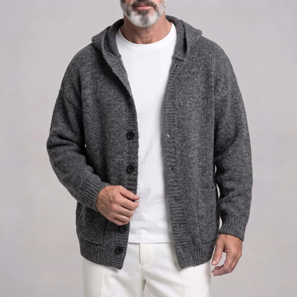 Men's Casual Solid Color Single Breasted Pockets Drop Shoulder Loose Knit Hooded Cardigan