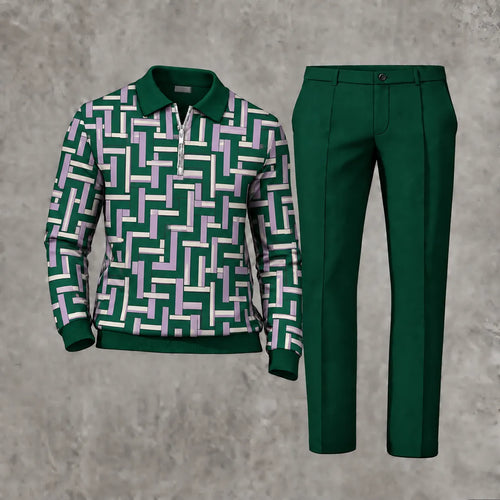 Men's Printed Zipper Polo Shirt and Pants Set