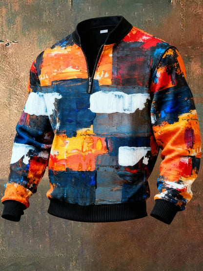 Men'S Casual Retro Contrast Color Half Zip Stand Collar Long Sleeve Sweatshirt
