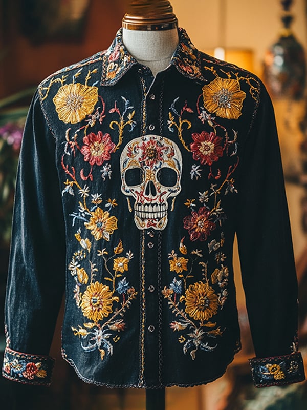 Men's Outdoor Vintage Skull and Floral Print Long Sleeve Shirt