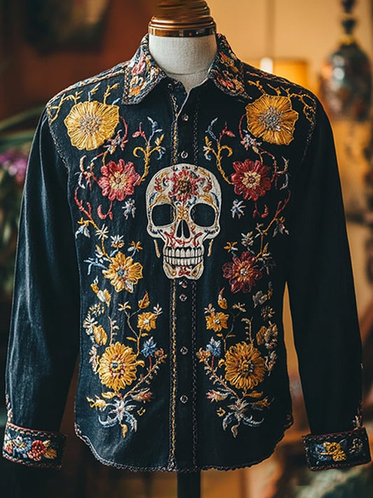 Men's Outdoor Vintage Skull and Floral Print Long Sleeve Shirt