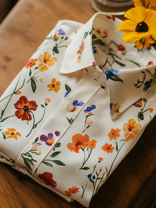 Men's Business Casual Floral Lapel Short Sleeve Shirt