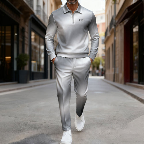 Men's Casual Gray Gradient Color Matching Printed Polo-Collar Zipper Long Sleeved Trousers Two-Piece Set