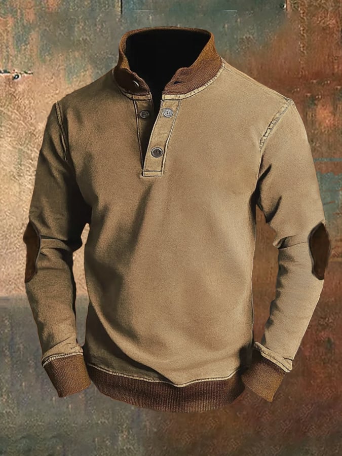 Men'S Casual Retro Contrast Color Stand Collar Long Sleeve Sweatshirt