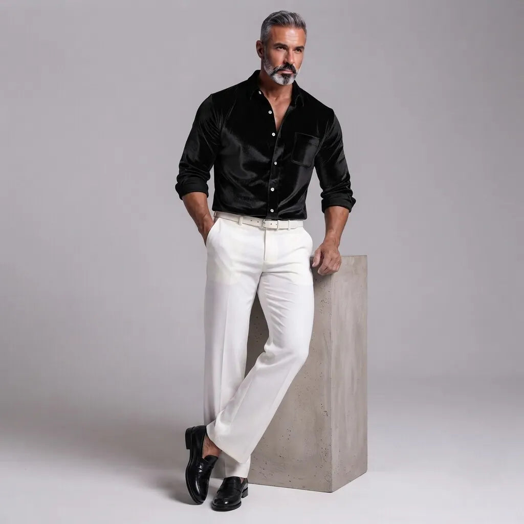 Men's Velvet Solid Color Button-Down Chest Pocket Long Sleeve Shirt