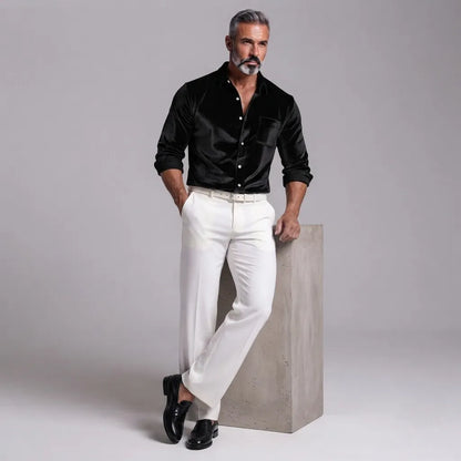 Men's Velvet Solid Color Button-Down Chest Pocket Long Sleeve Shirt