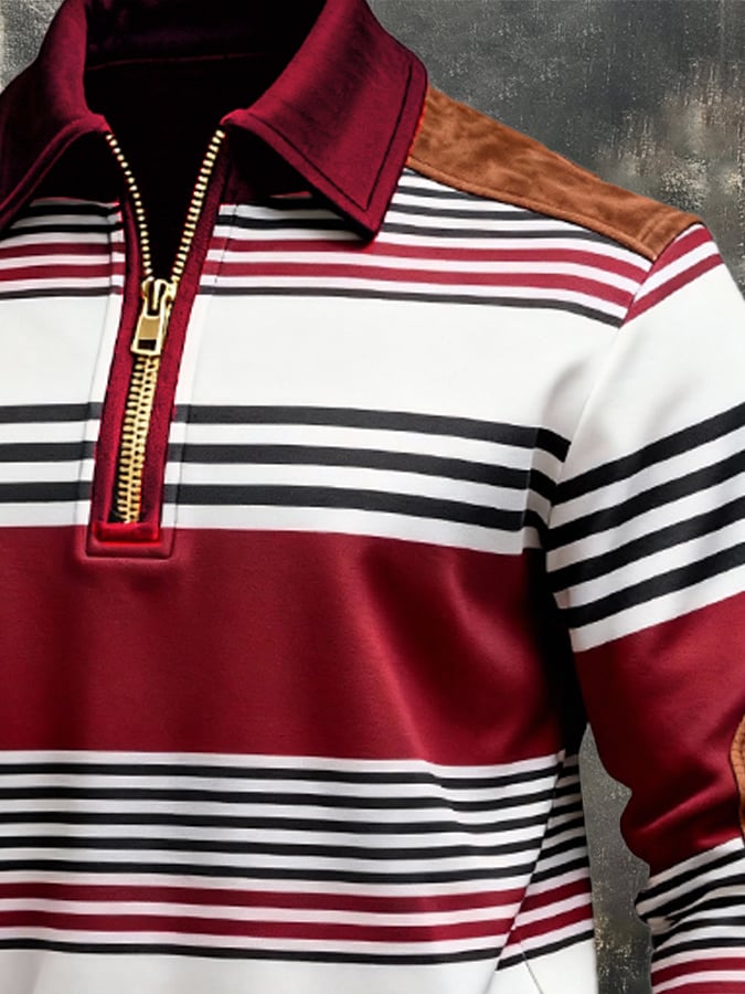Men's Retro Color Block Print Zipper Sweatshirt