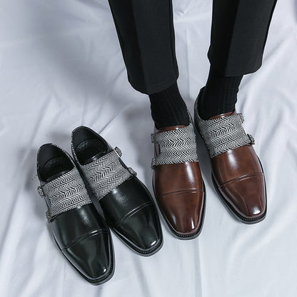 Men's Business Casual Checkered Patchwork Double Monk Imitation Faux Leather Shoes