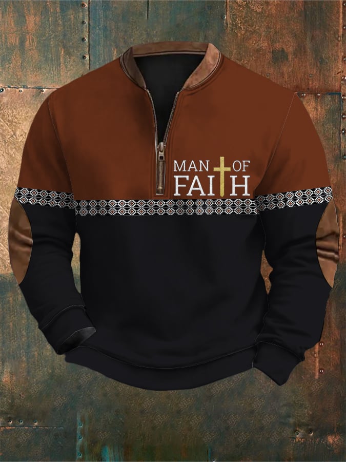 Men's Retro Western Style Faith Cross Print Zipper Neck Sweatshirt