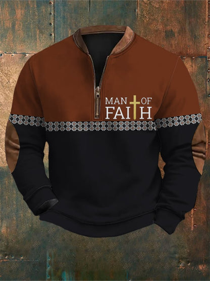 Men's Retro Western Style Faith Cross Print Zipper Neck Sweatshirt