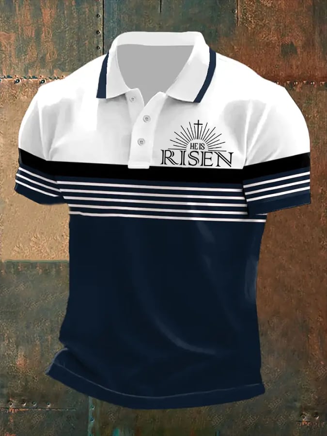 Men's casual retro polo shirt with "He Is Risen" print