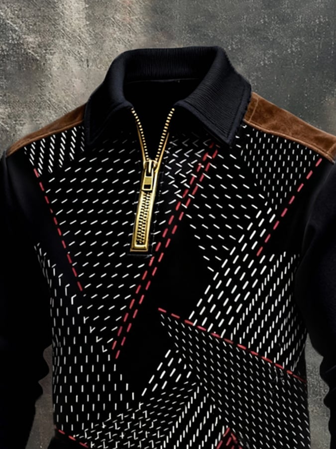 Men's Retro Color Block Print Color-Blocked Zip-Up Sweatshirt