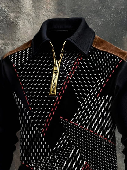 Men's Retro Color Block Print Color-Blocked Zip-Up Sweatshirt