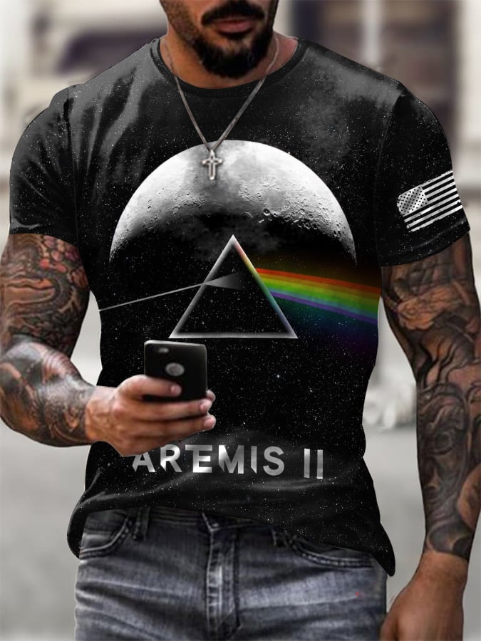 Men's Retro Artemis II Dark Side Of The Moon Print T-Shirt