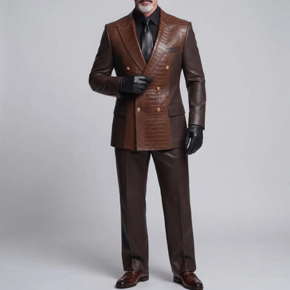 Men's Dark Brown PU Leather Crocodile Pattern Peak Lapel Double-Breasted Two-Tone Blazer