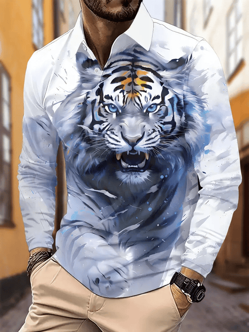 Men's Retro Business Stripe Print Long Sleeve Polo Shirt