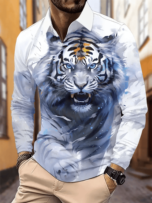Men's Retro Business Stripe Print Long Sleeve Polo Shirt