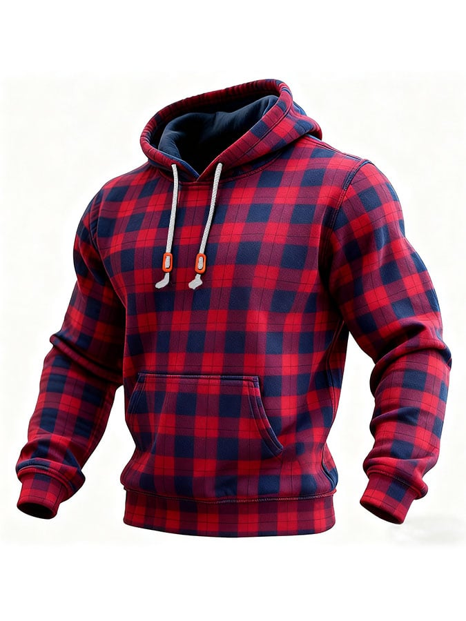 Men's Casual Retro Plaid Print Long Sleeve Hooded Sweatshirt